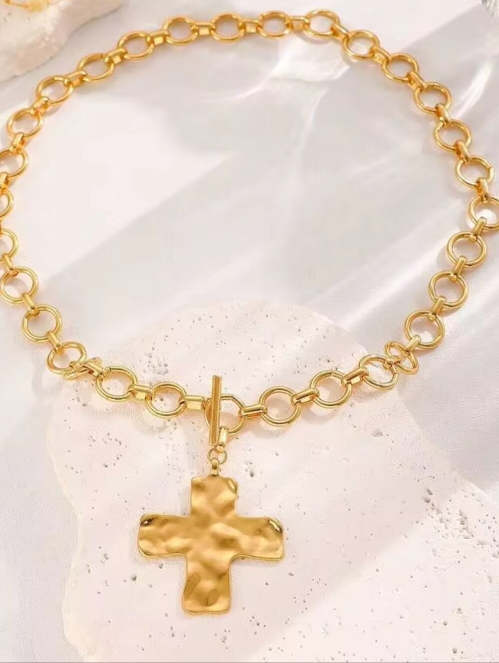 Yellow Gold Hammered Cross Link Necklace - Women Jewelry